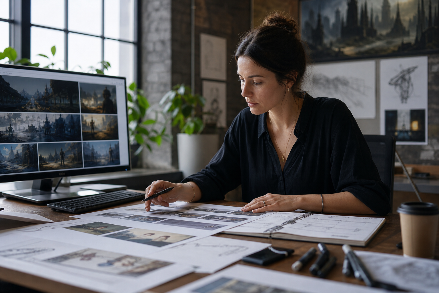 Consultante analysant des images et des séquences générées dans un studio créatif
